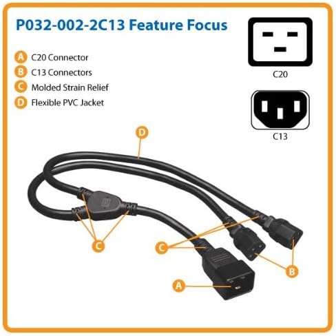 Tripp Lite Heavy-Duty Power Splitter Y Cable 15A, 14AWG (IEC-320-C20 to 2x IEC-320-C13) 2-ft.(P032-002-2C13),Black