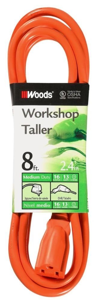 Woods Light Duty Extension Cord, 8Ft, 16 Gauge, 3 Conductor, General Purpose Cord, SJTW, Orange, 0265 8-Foot