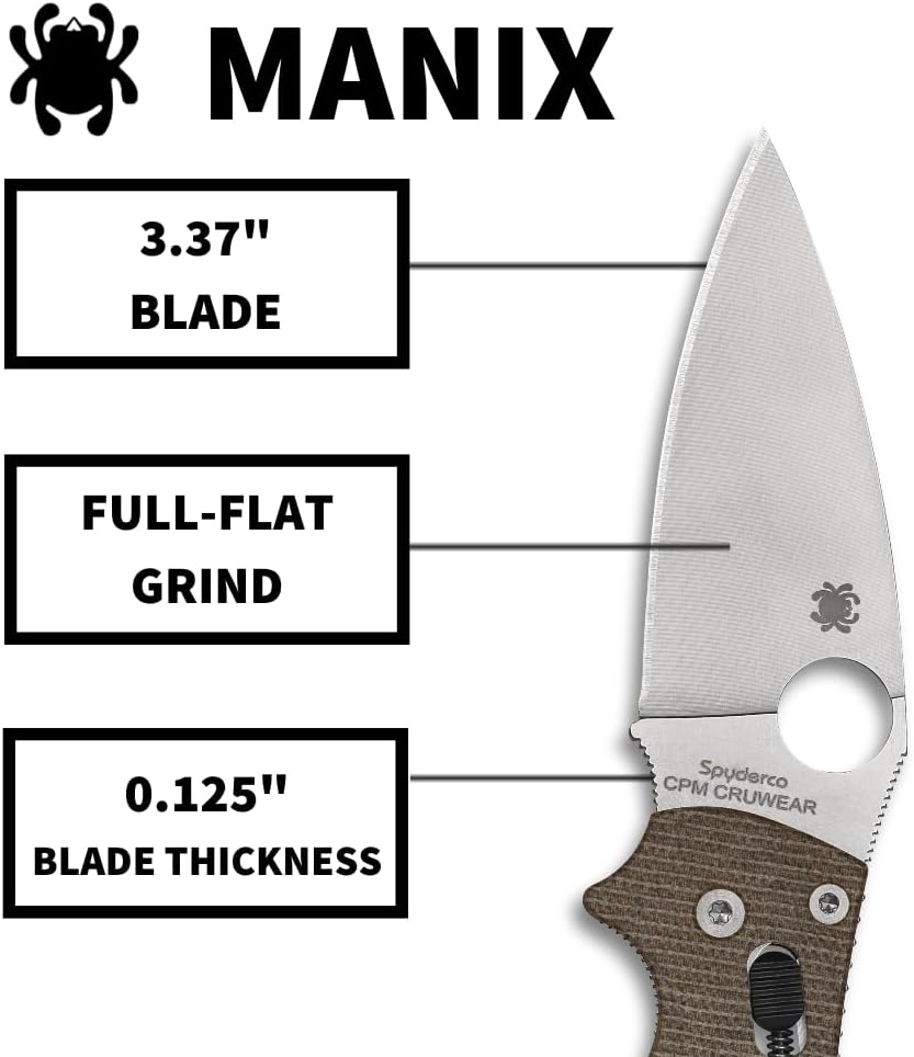 Spyderco C101MPCW2 Manix 2 Brown Canvas with Micarta Handle - CPM CRU-WEAR Steel Blade, PlainEdge, Full-Flat Grind