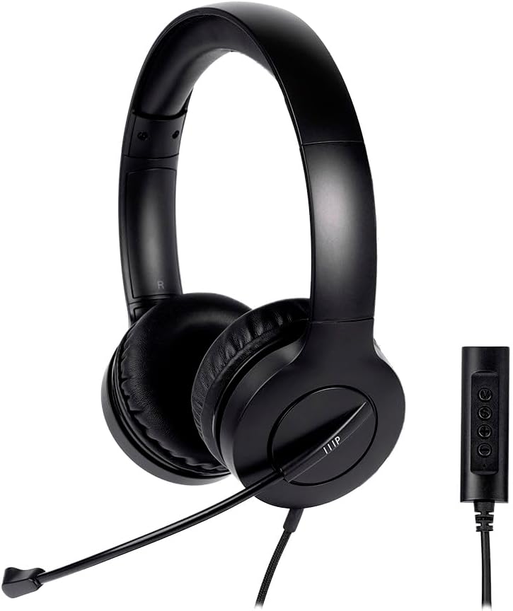 Monoprice WFH 3.5mm + USB Wired On-Ear Web Meeting Headset, Lightweight, USB in-line Controller