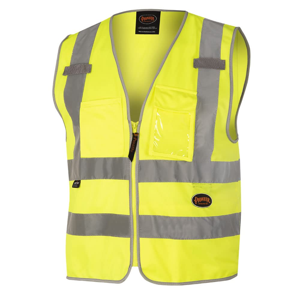 Pioneer Safety Vest for Men – Hi Vis Reflective Neon with 8 Pockets, Zipper Closure for Construction, Traffic - YELLOW/GREEN