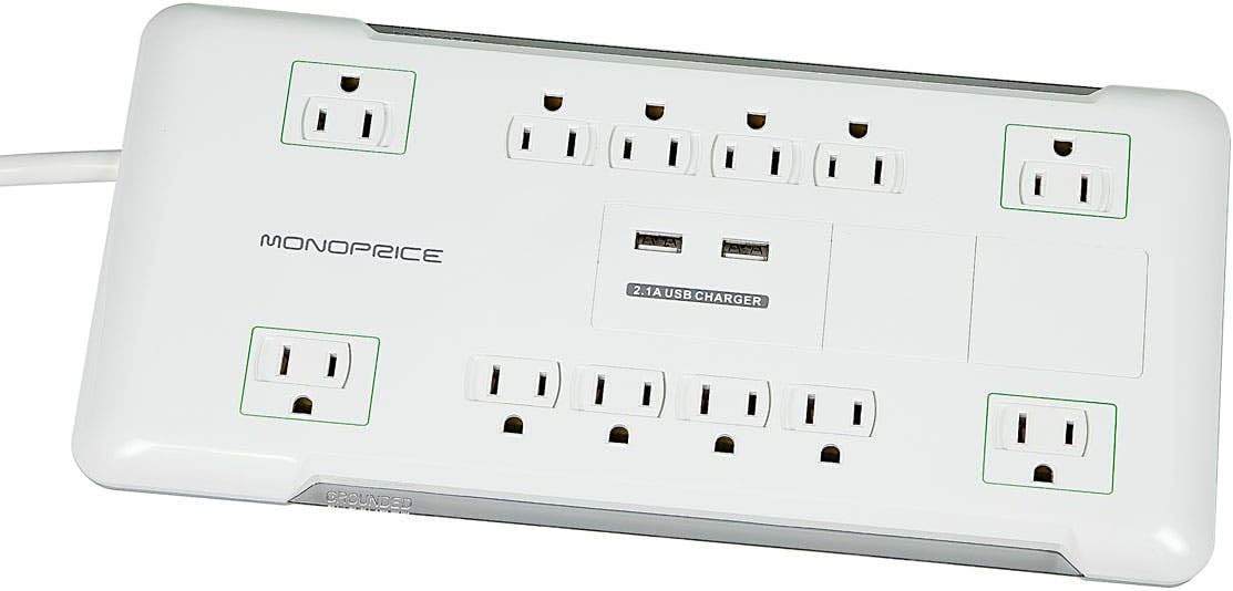 Monoprice Power & Surge - 12 Outlet Surge Protector Power Strip With 2 Built In 2.1A USB Charger Ports - 6 Feet