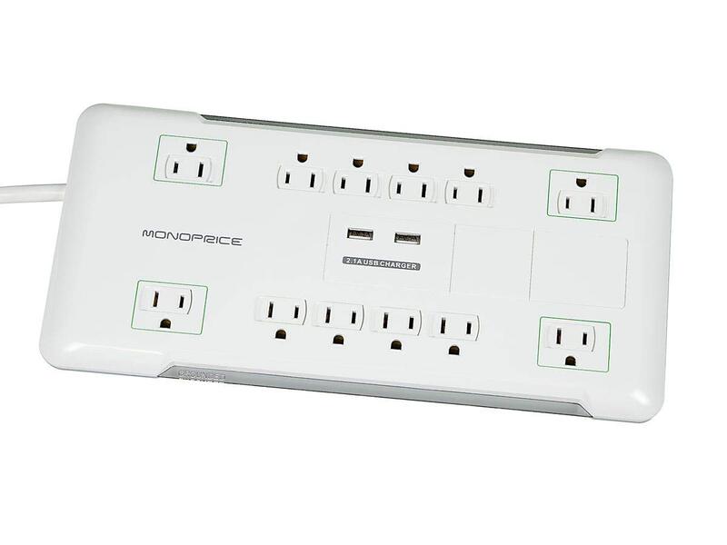 Monoprice Power & Surge - 12 Outlet Surge Protector Power Strip With 2 Built In 2.1A USB Charger Ports - 6 Feet