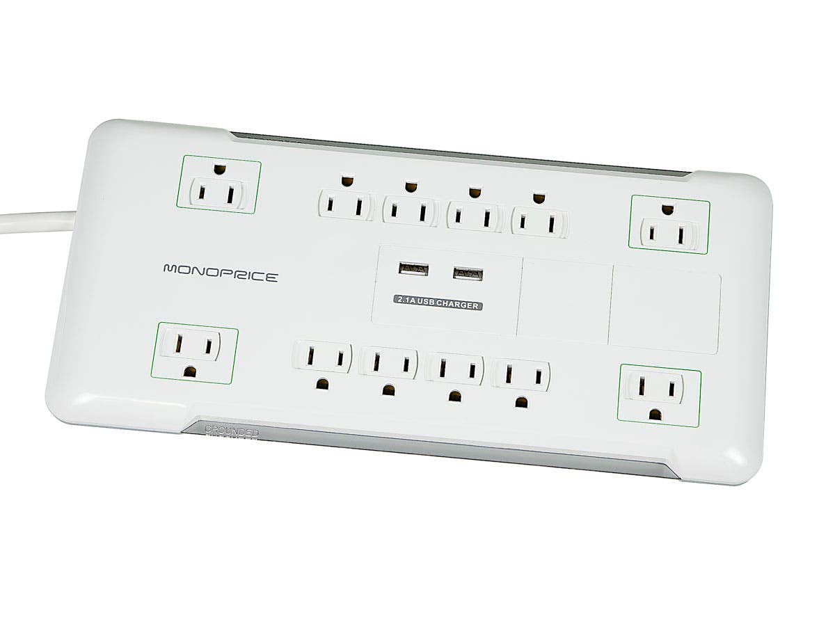 Monoprice Power & Surge - 12 Outlet Surge Protector Power Strip with 2 Built In 2.1A USB Charger - Protected Light Indicator
