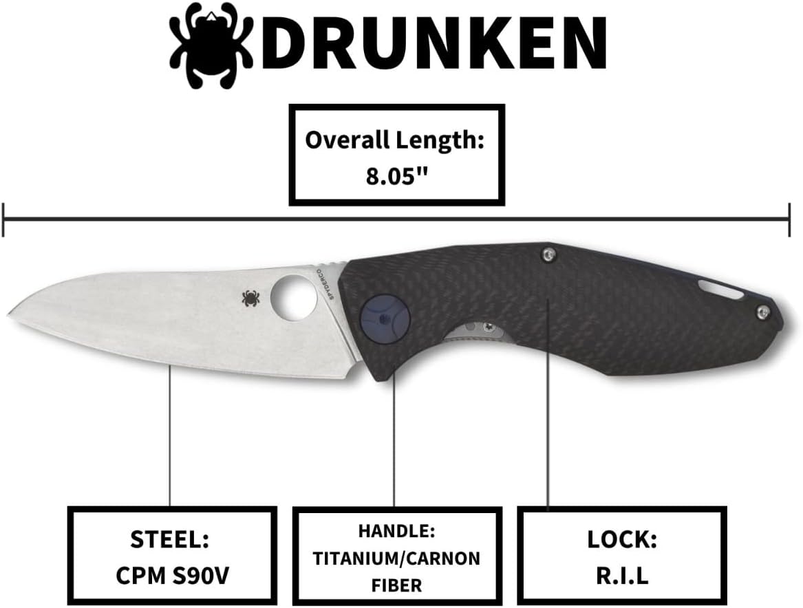 Spyderco Drunken Prestige Premium Knife with 3.50" CPM S90V Stainless Steel Blade and Black Titanium Carbon Fiber Handle