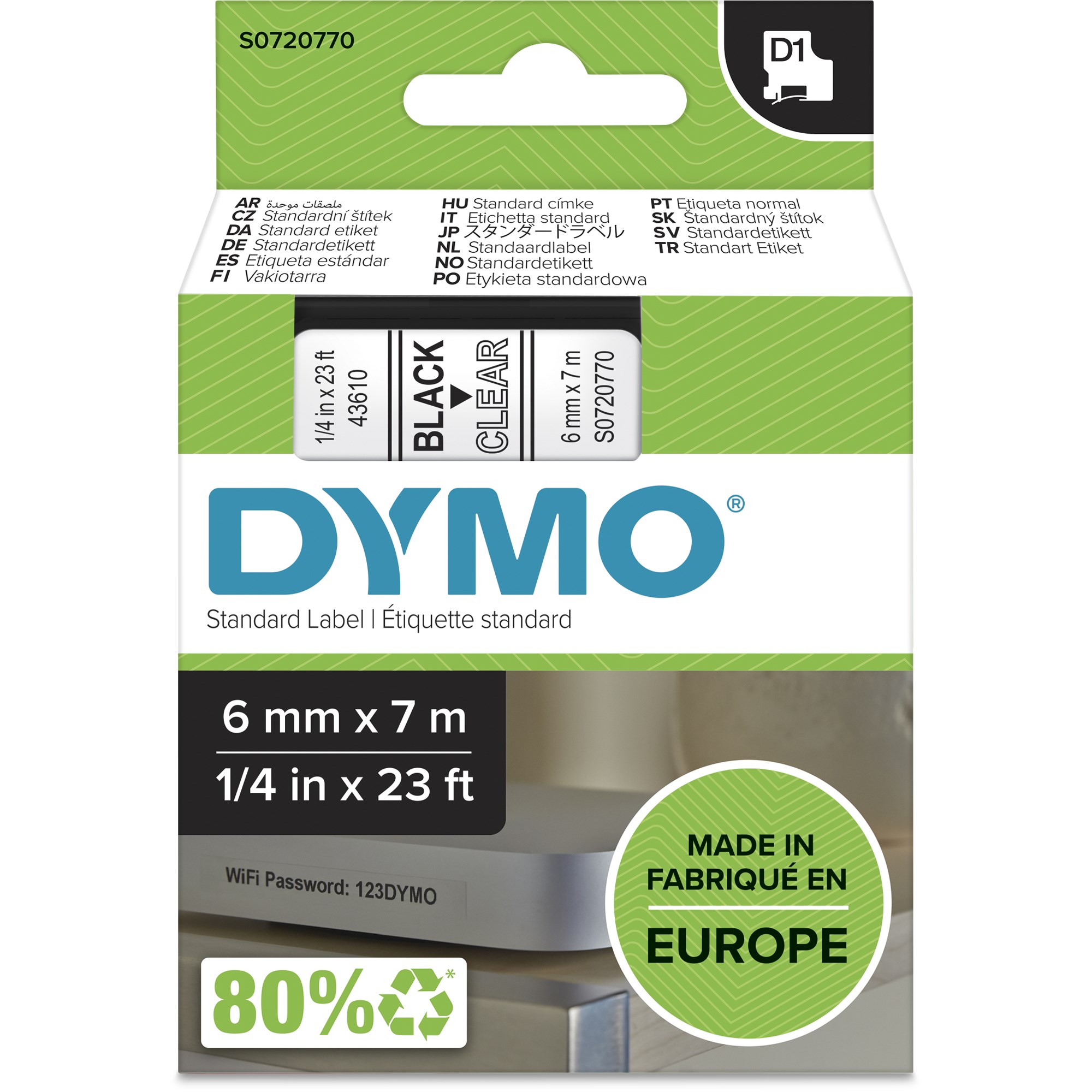 Dymo D1 Label Cassette Tape 6mmx7m Black on Clear