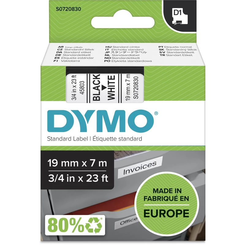 Dymo D1 Label Cassette Tape 19mmx7m Black on White