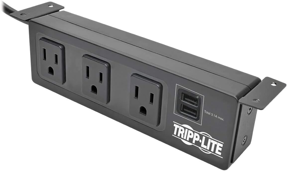 Tripp Lite 3 Outlet Surge Protector Power Strip with Mounting Brackets, 10ft Cord, 2 USB Charging Ports, & $20