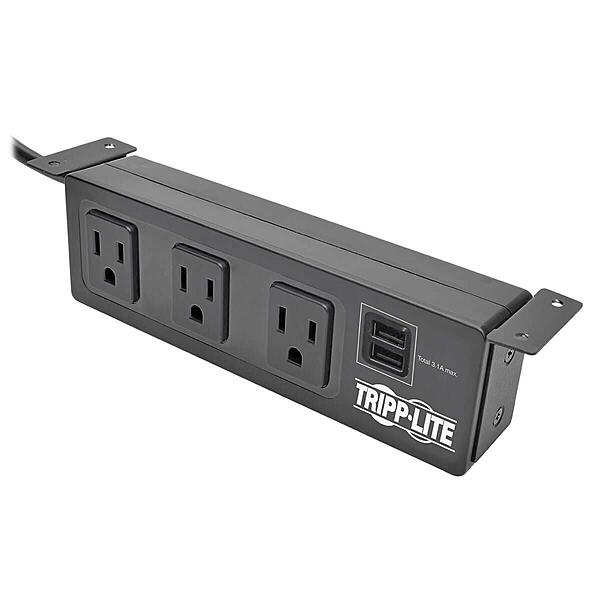 Tripp Lite 3 Outlet Surge Protector Power Strip with Mounting Brackets, 10ft Cord, 2 USB Charging Ports, & $20