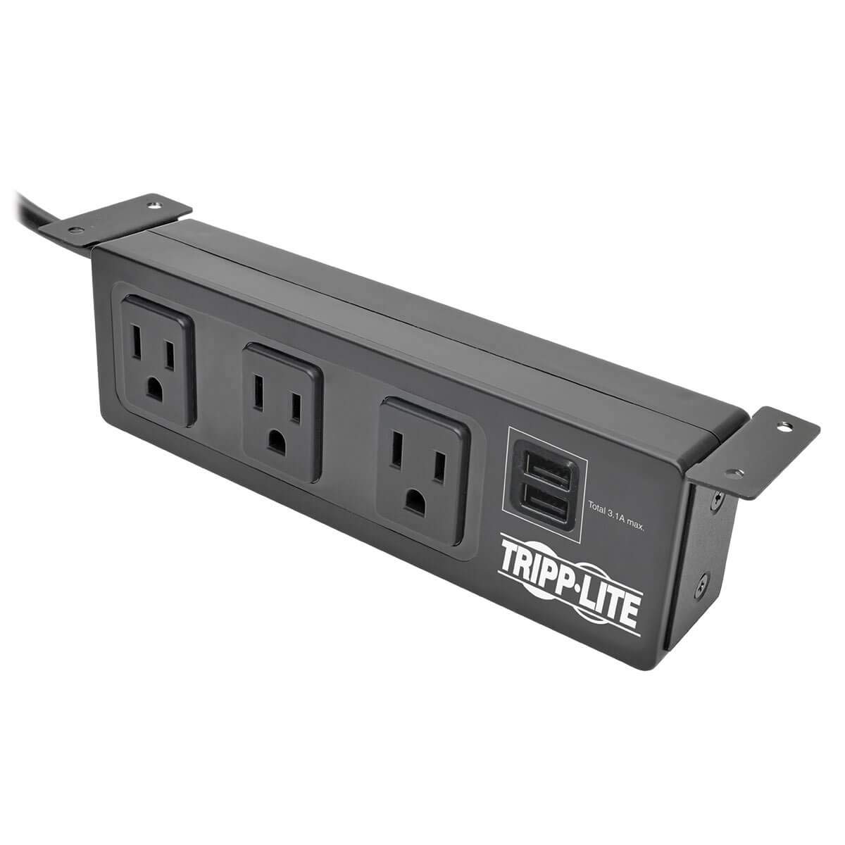 Tripp Lite 3 Outlet Surge Protector Power Strip with Mounting Brackets, 10ft Cord, 2 USB Charging Ports, & $20