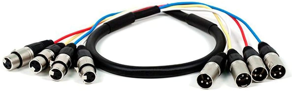 Monoprice 4-Channel XLR Male to XLR Female Snake Cable - 3 Feet - Black/Silver, Metal Connector Housings