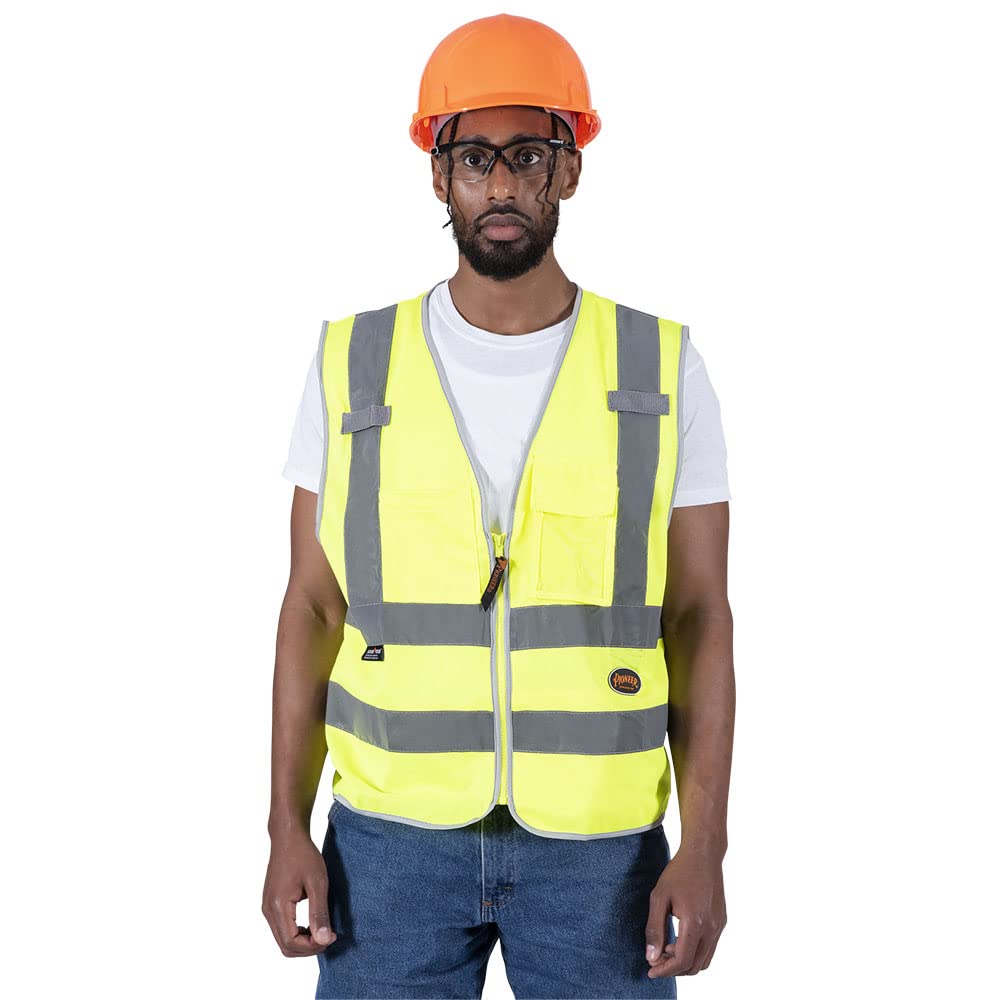 Pioneer Safety Vest for Men – Hi Vis Reflective Neon with 8 Pockets, Zipper Closure for Construction, Traffic