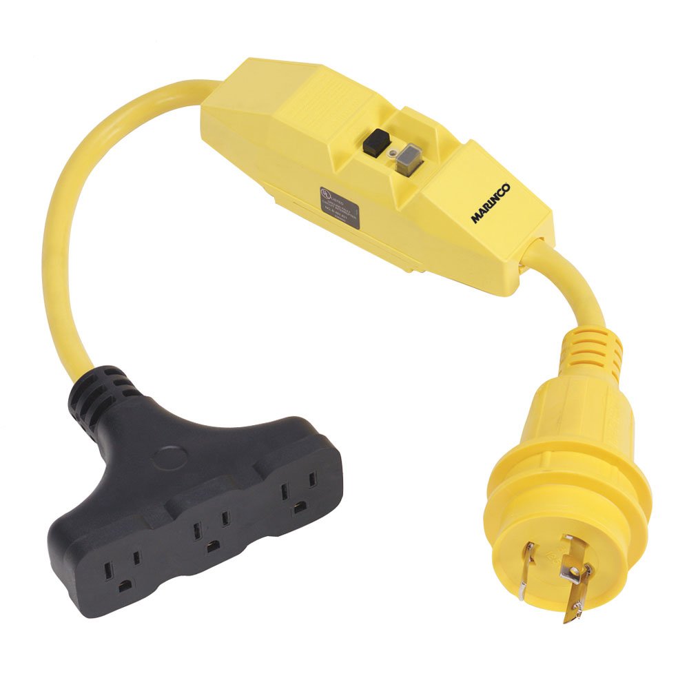 Marinco 199128 Pigtail Adapter, 30A 125V Male To 3-Way 15A 125V Female With GFCI,Yellow,Black