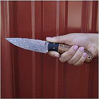BucknBear Custom Handmade Fixed Blade Damascus Hunting Knife with Leather Sheath - Drop Point (Utility) (Olivewood/G10) Handle