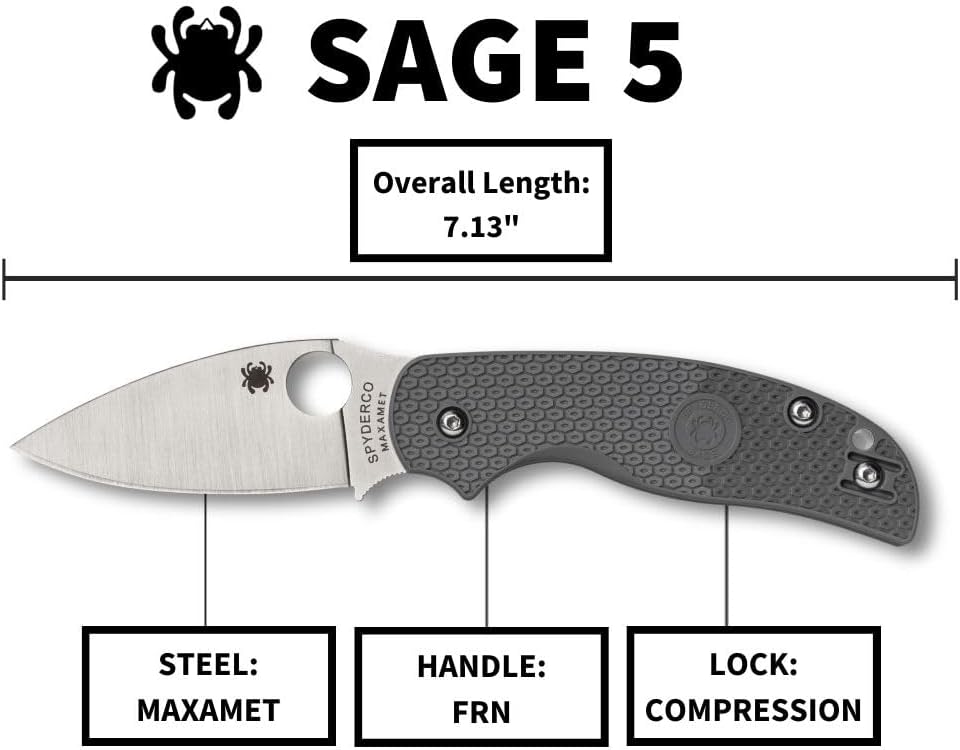 Spyderco Sage 5 Lightweight Maxamet Folding Utility Pocket Knife with Black FRN Handle and Full-Flat Maxamet Steel Blade