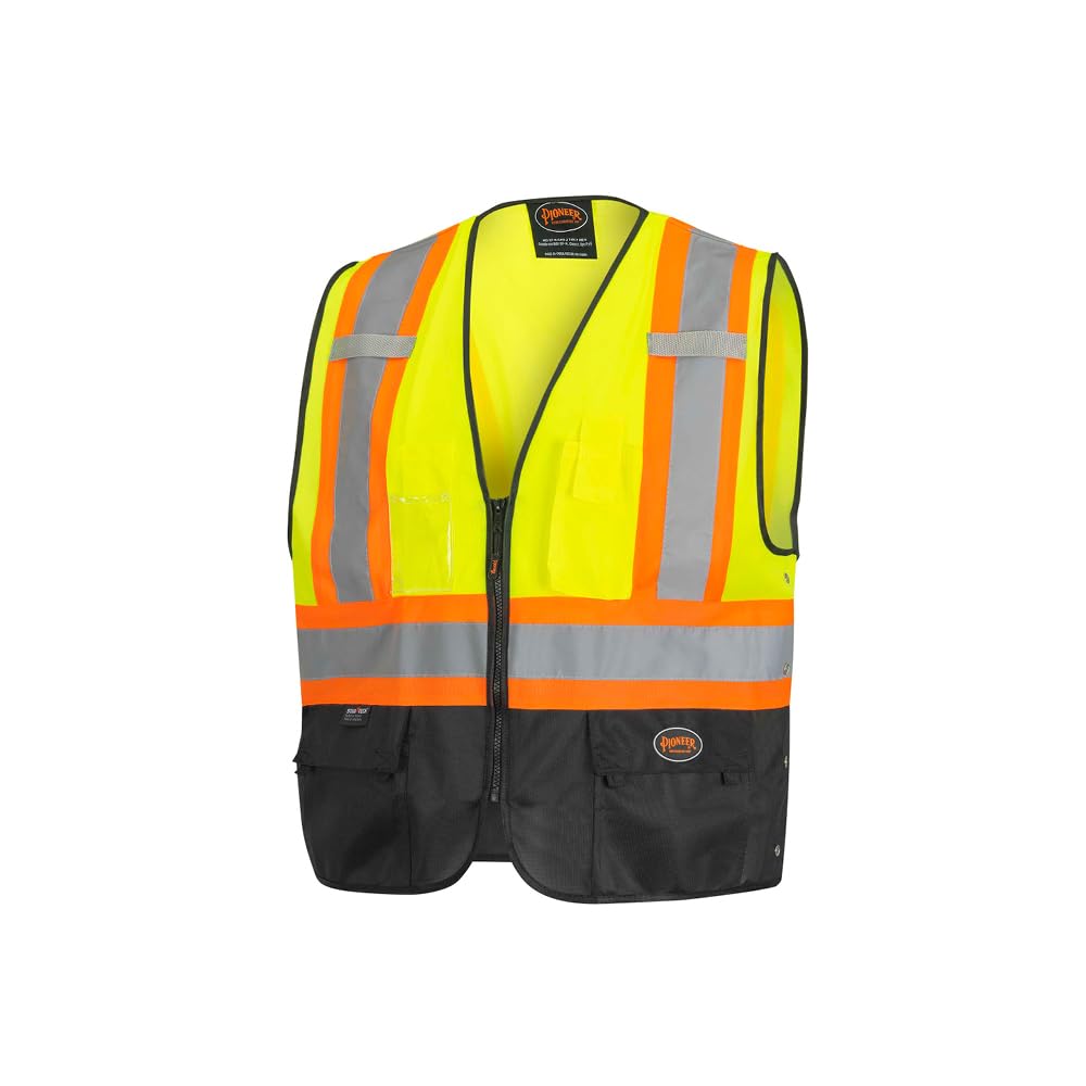 Pioneer Hi-Vis Reflective Safety Vest, Solid Neon, 8 Pockets, Zipper, Adjustable