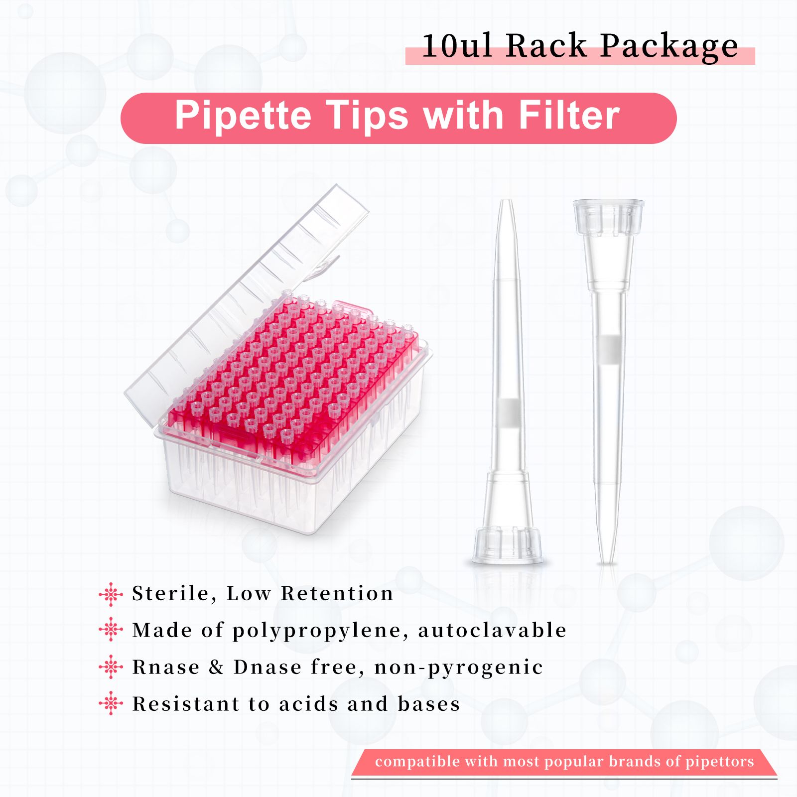 10μl Filter Tips,   Extra-long,  Low-retention,  Rack Pack,  Sterile,  Length:46mm,  96 Pieces/Rack,  10 Racks/Pack,  5 Packs/Case
