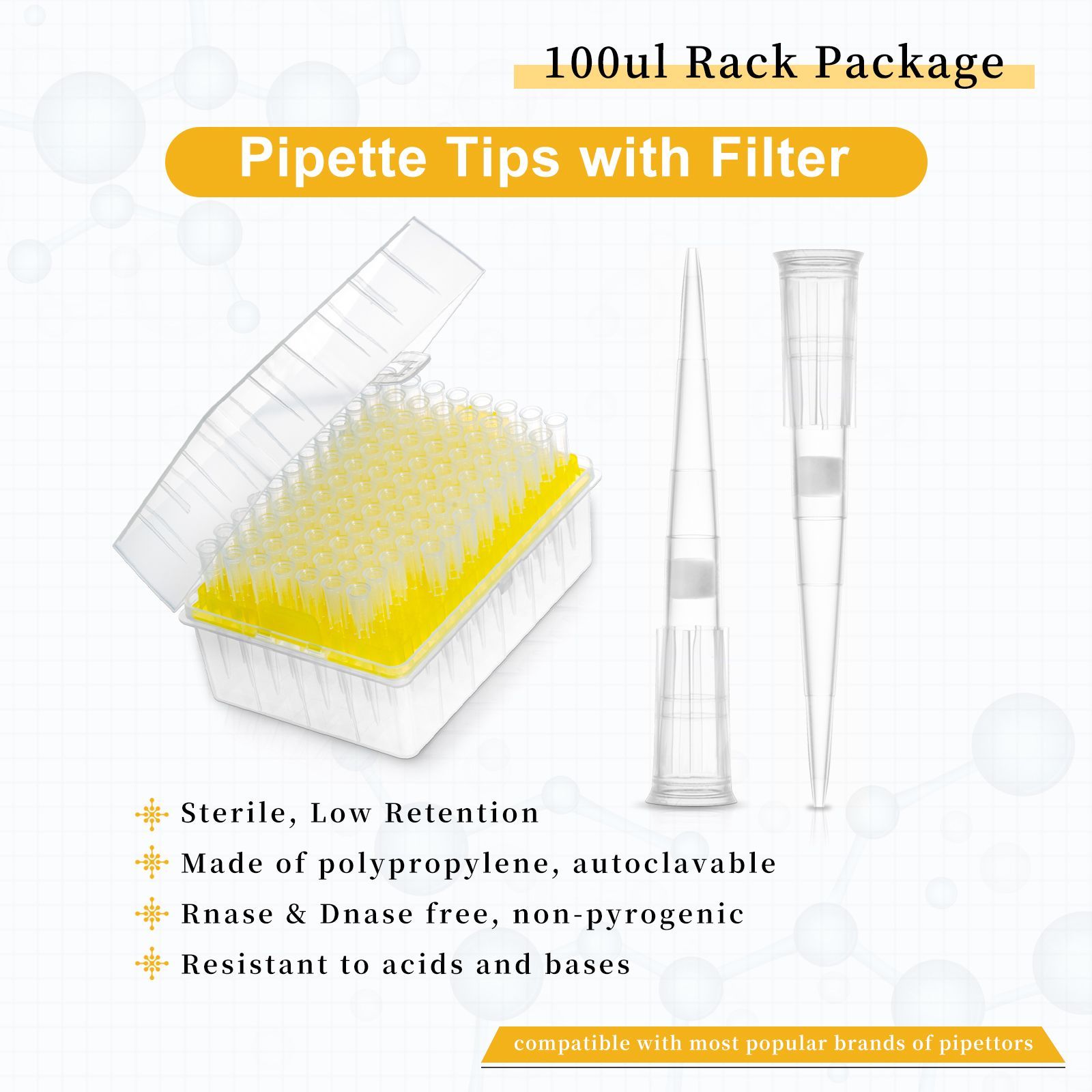 100μl  Filter Tips,   Low-retention,  Rack Pack,  Sterile,  Length:51mm,  96 Pieces/Rack,  10 Racks/Pack,  5 Packs/Case