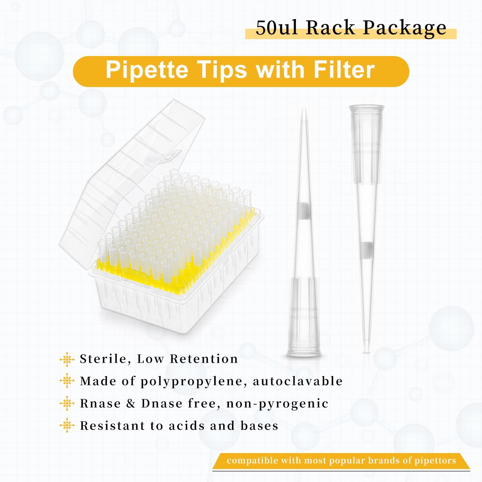 50μl  Filter Tips,  Low-retention,  Rack Pack,  Sterile,  Length:51mm,  96 Pieces/Rack,  10 Racks/Pack,  5 Packs/Case