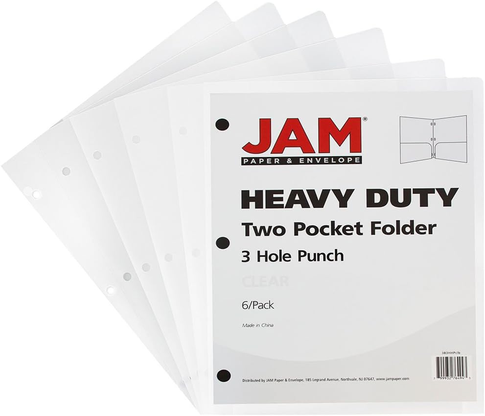 JAM PAPER Heavy Duty Plastic 3-Hole Punched 2-Pocket Presentation Folders