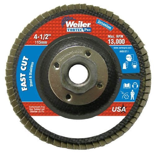 Weiler 804-31353 Vortec Pro Zirconia Alumina Type 29 Flap Disc, 120 Grit, 5/8-11 UNC, 13000 rpm, 4 1/2" (Pack of 10)