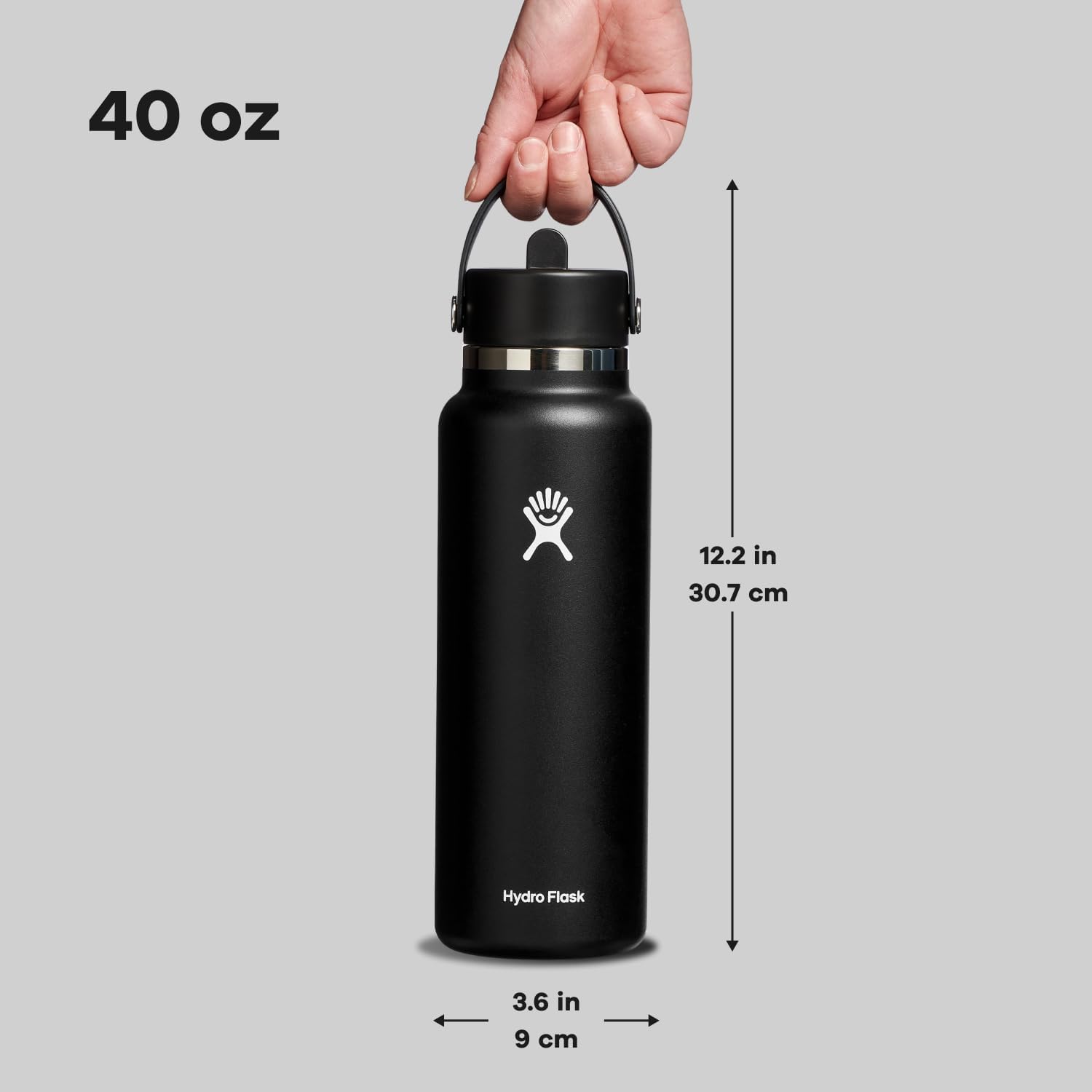 Hydro Flask Water Bottle - Insulated Stainless Steel - Wide Straw Lid, Non Spill, Leakproof in 40 Oz Black