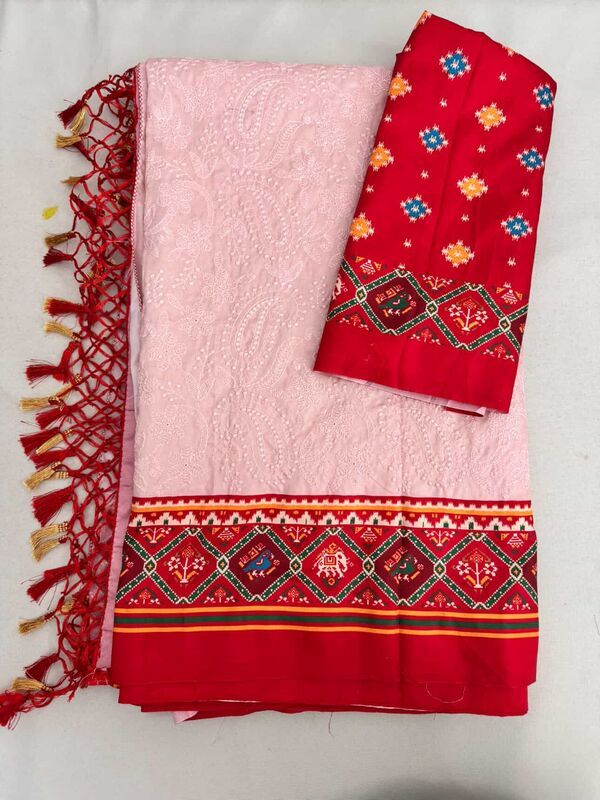 V210: Ready To Ship Designer georgette chikankari patola saree with stitched blouse V210: Ready To Ship Designer georgette chikankari patola saree with stitched blouse