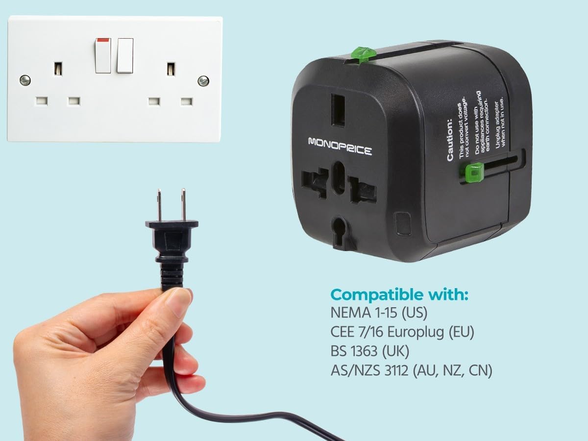 Monoprice Compact Cube Universal Travel Adapter, Supports International Power Outlets, Black