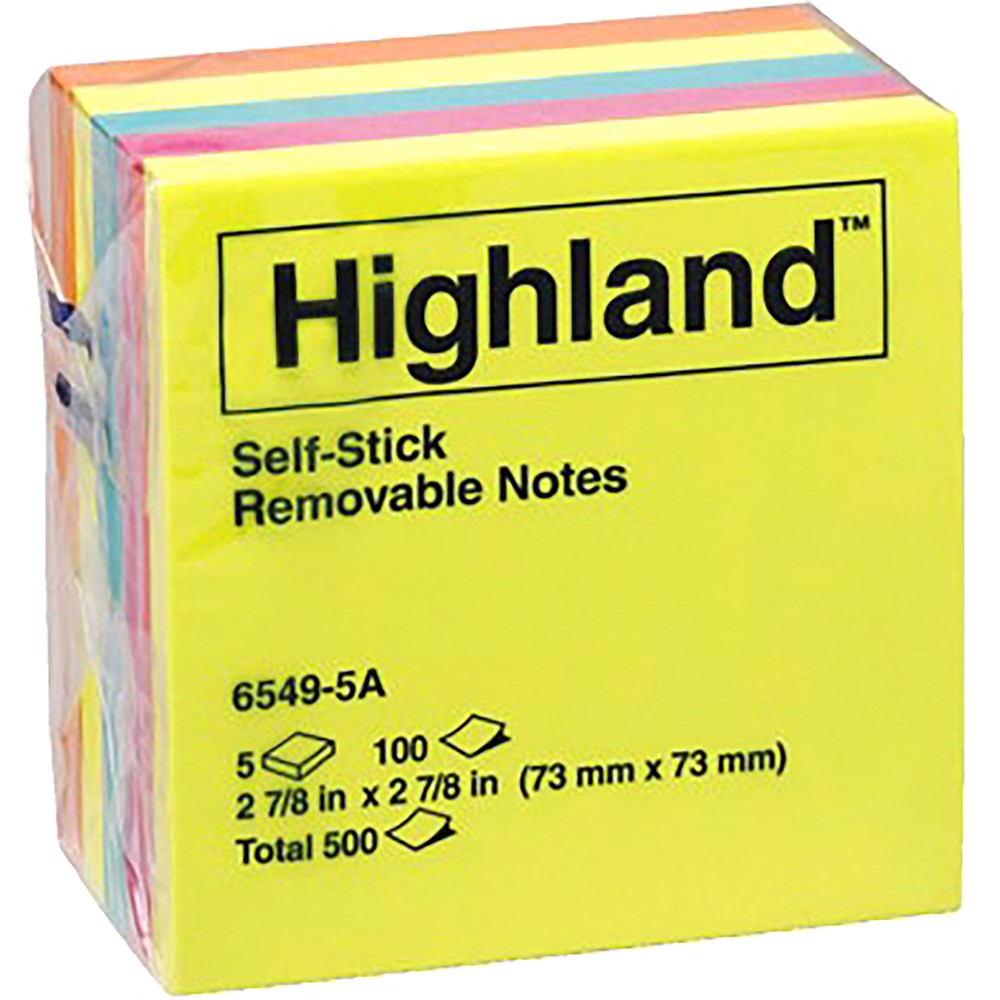 Highland Stick On Notes Coloured 6549-5A 100 Sheets 76x76mm Asstd Pack 5
