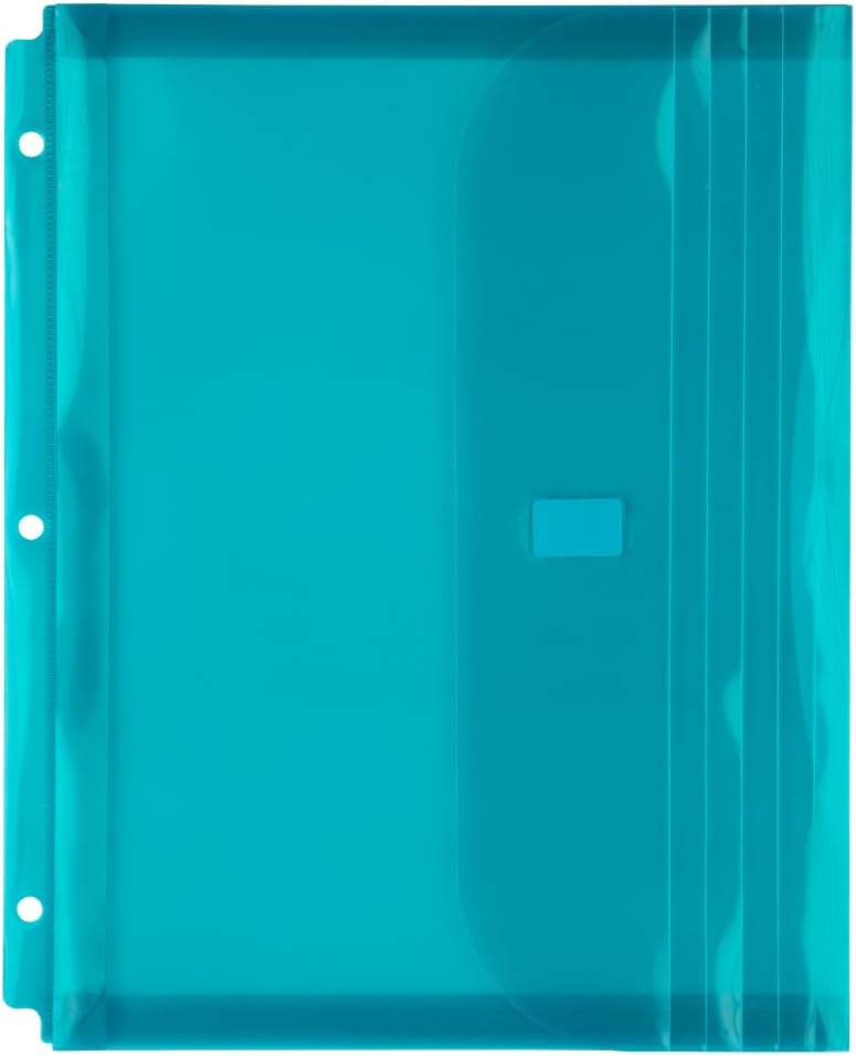 JAM PAPER Plastic 3 Hole Punch Binder Envelopes with Hook & Loop Closure - Letter Booklet - 9 1/2 x 11 1/2 with 1 Inch Expansion - Teal - 12/Pack 12 Pack Teal