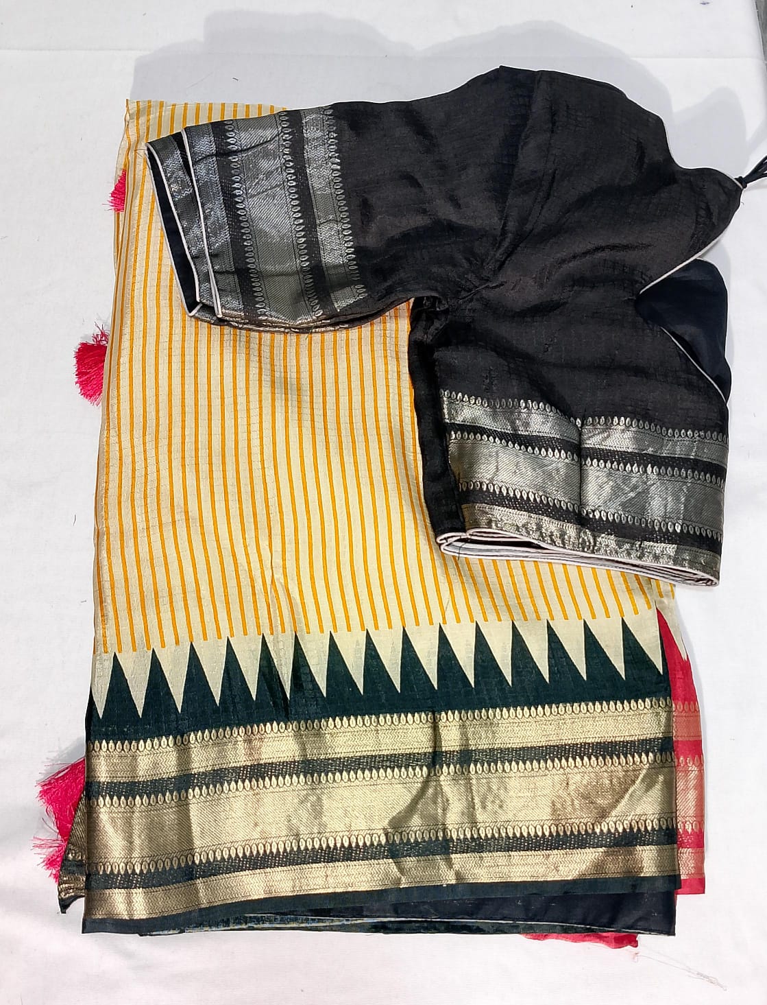 N90: Ready To Ship Beautiful Pure Moonga Crepe Silk Saree In Ganga Jamuna Weaving Border With Stitched Blouse N90: Ready To Ship Beautiful Pure Moonga Crepe Silk Saree In Ganga Jamuna Weaving Border With Stitched Blouse