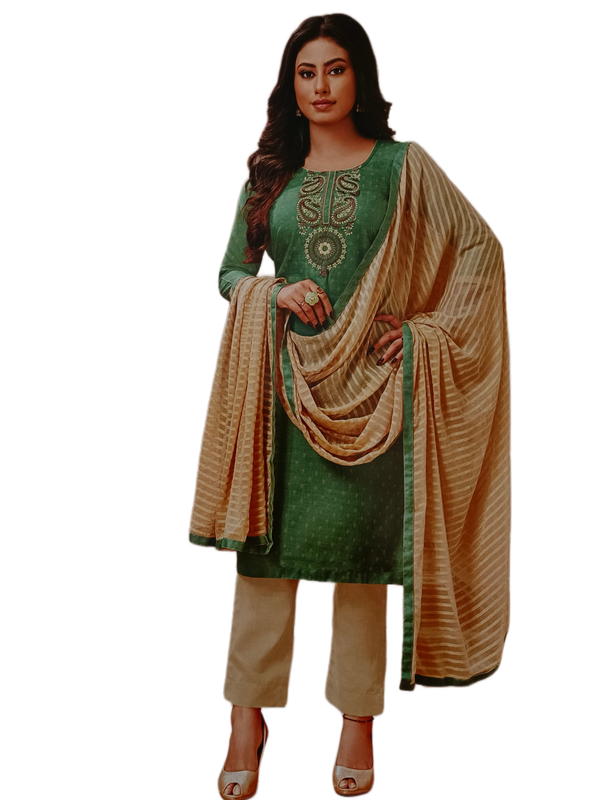 Unstitched Embroidery Salwar Suit Set with Dupatta, Green and Beige