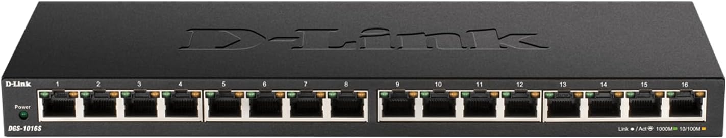 D-Link Ethernet Switch, 16 Port Gigabit Slim Switch Plug and Play, Unmanaged, Metal Housing, Quiet Fanless Design