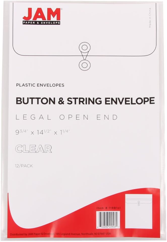 JAM PAPER Open-End Plastic Envelopes, Button & String