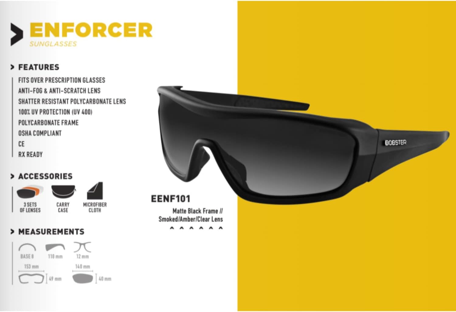 Bobster ® Enforcer, Matte Black Frame, Smoked, Amber, & Clear Lens Matte Black/Smoked, Amber & Clear Lens
