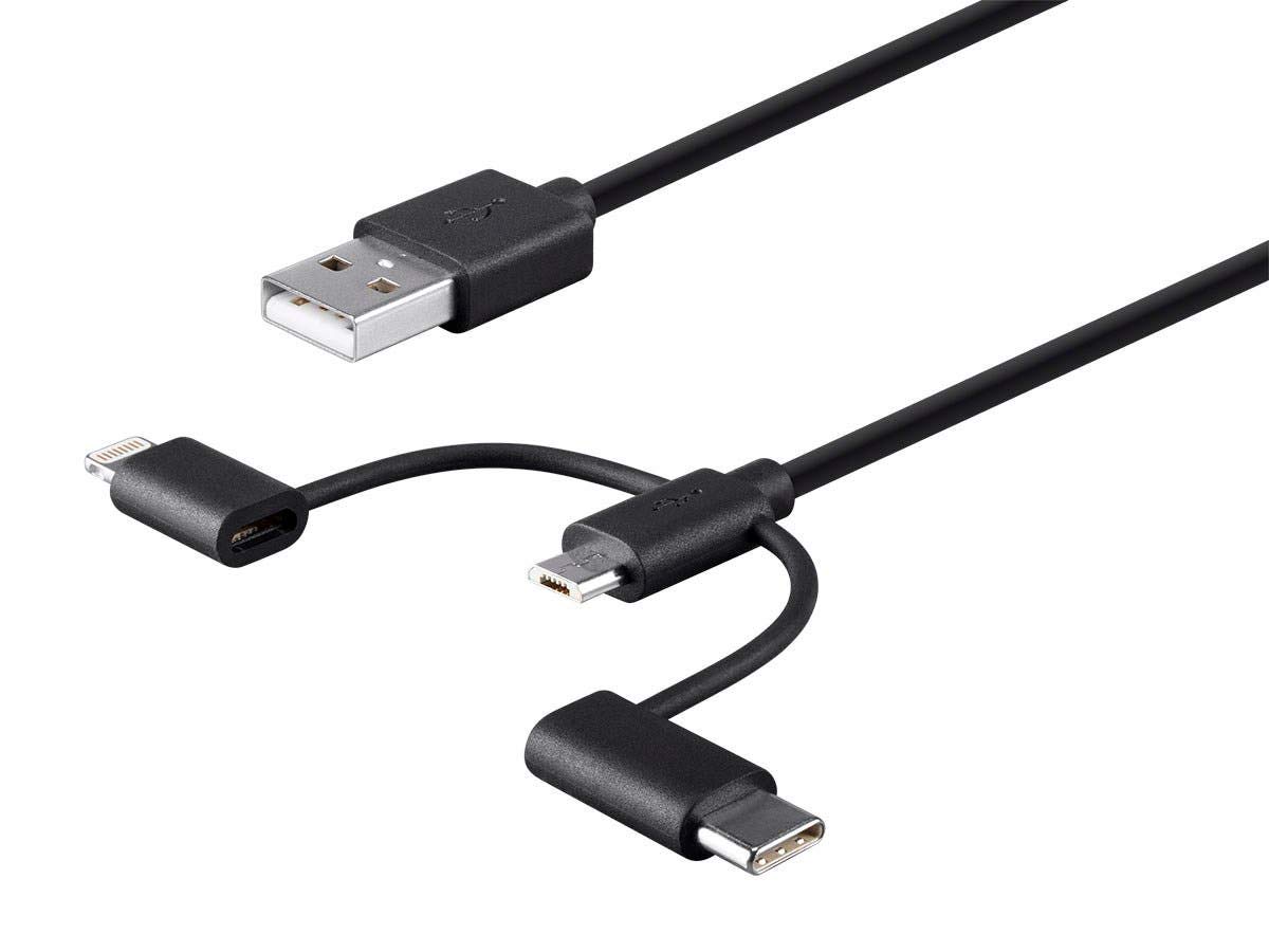Monoprice 118789 Apple MFi Certified USB to Micro USB + USB Type-C + Lightning Charge And Sync Cable - 3 Feet - Black 1 Count