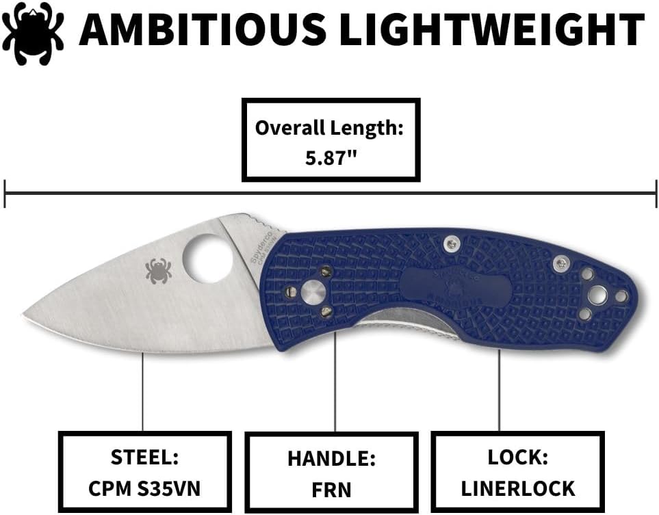 Spyderco Ambitious Lightweight Folding Pocket Knife with 2.31 Inch Steel Blade and Durable Blue FRN Handle - PlainEdge