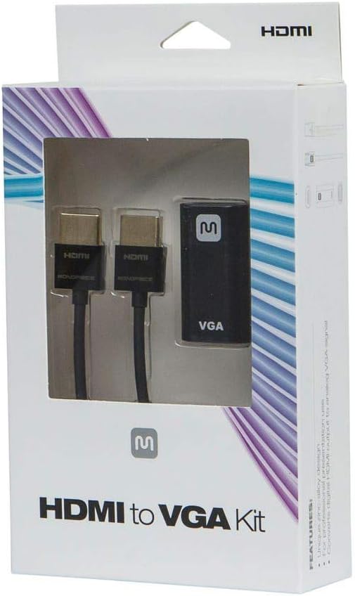 Monoprice HDMI to VGA Kit - with Ultra-Slim HDMI cable, 0.9in x 0.5in x 1.7in (23 x 12 x 42 mm), Laptop, Desktop, PC, Mac