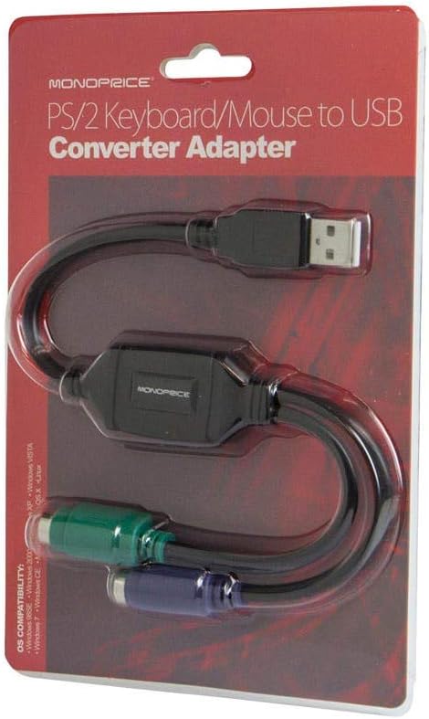 Monoprice PS/2 Keyboard/Mouse to USB Converter Adapter, Black