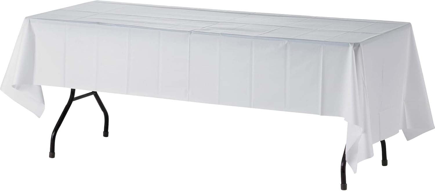 Genuine Joe Plastic Table Cover, 54" x 108', White, 6 Count