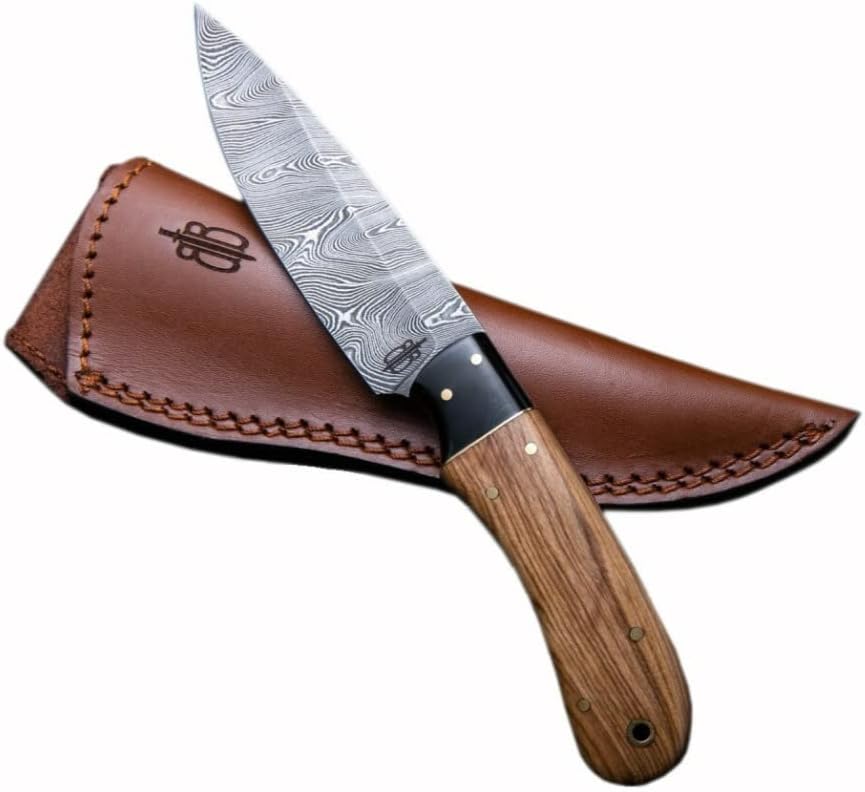 BucknBear Custom Handmade Fixed Blade Damascus Hunting Knife with Leather Sheath