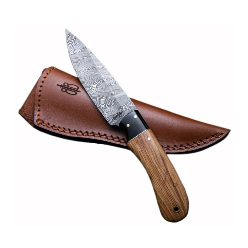 BucknBear Custom Handmade Fixed Blade Damascus Hunting Knife with Leather Sheath