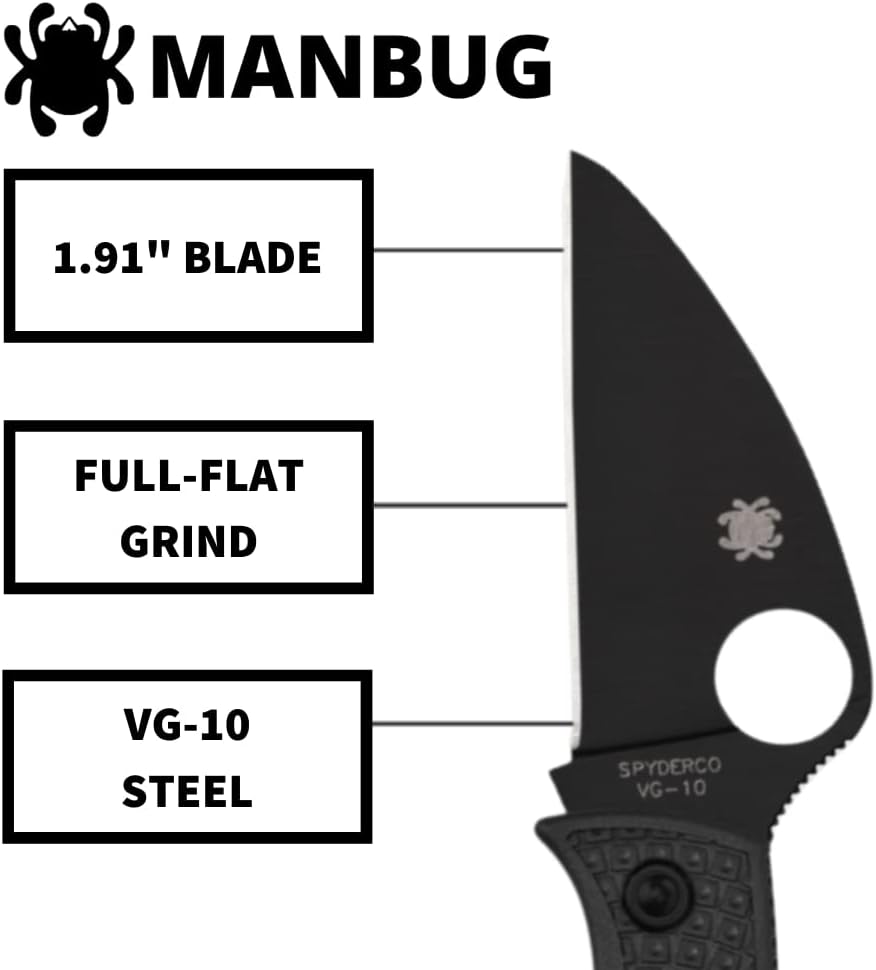 Spyderco Manbug Wharncliffe Folding Pocket Knife with 1.9" VG-10 Steel Blade and FRN Handle - PlainEdge - MBKWPBK