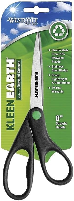 Westcott KleenEarth 8in Scissors, 70% Recycled, Pointed, Black