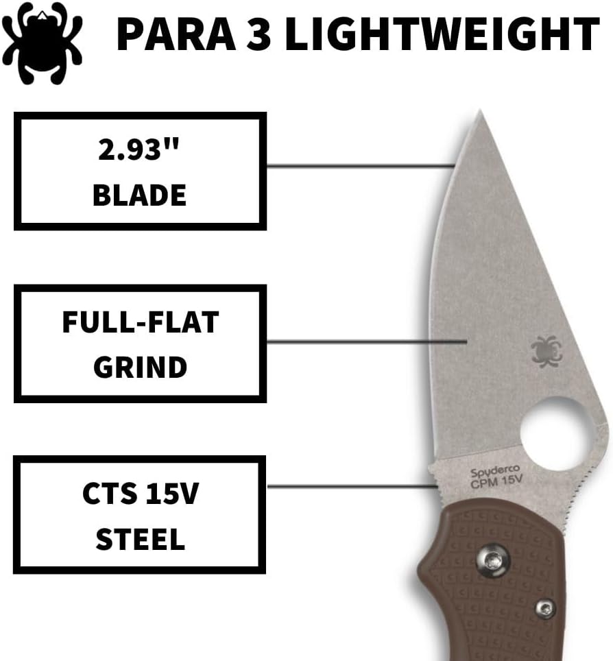 Spyderco Para 3 Lightweight Folding Utility Pocket Knife with 2.93" CPM 15V Sprint Run Steel Blade and Brown FRN Handle
