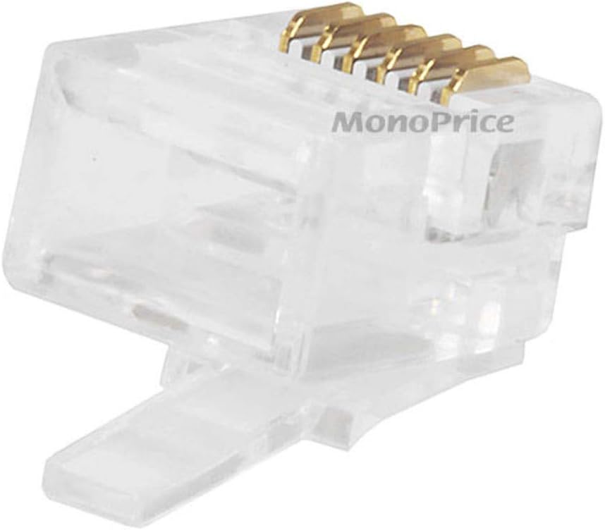 Monoprice 6P6C RJ12 Modular Plugs - For Flat Solid/Stranded Cable, 1u, 2 Prongs, 50 Pack, Clear