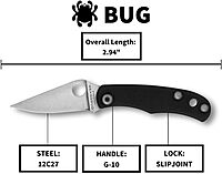 Spyderco Bug Micro-Sized Slipjoint Knife with 1.27 Inch 12C27 Steel Blade and Durable G-10 Black Handle - PlainEdge - C133GBKP