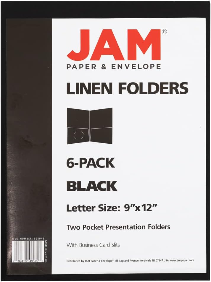 JAM PAPER Two Pocket Textured Linen Presentation Folders - Letter Size Business Folder - Black - Pack of 6