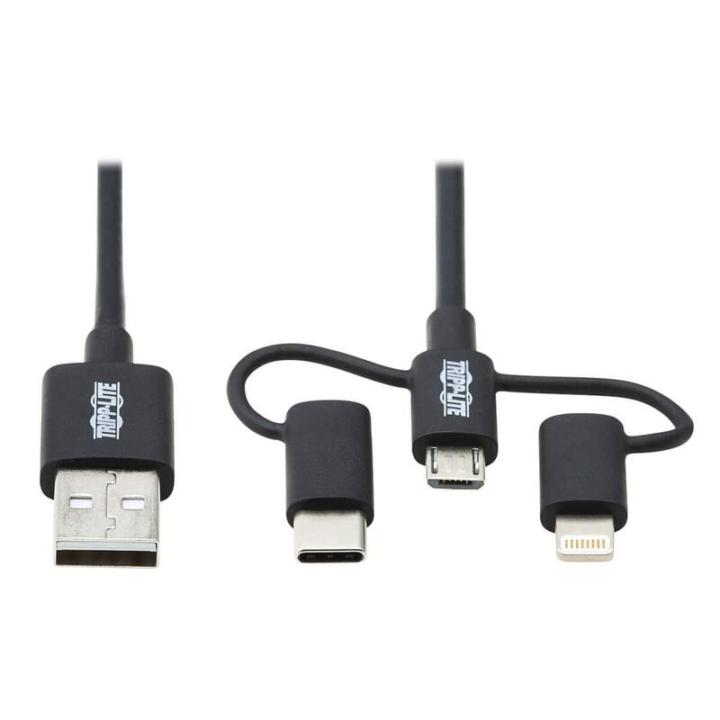 Tripp Lite 3 in 1 Multi Charging USB Cable, USB-A to Lightning, USB Micro B, and USB-C Universal All in One Charger Cable, Sync and Charge Cord, 6 ft. (M101-006-LMC-BK)