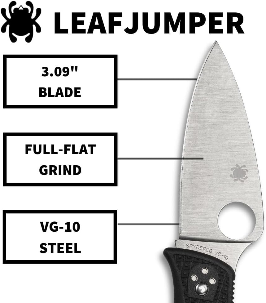 Spyderco Leafjumper Lightweight Mid-Sized Pocket Knife with VG-10 Stainless Steel and Black FRN Handle - PlainEdge - C262BK
